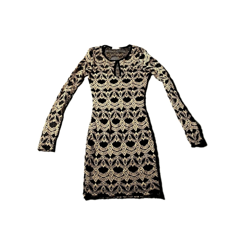 A'GACI Mini Dress Womens 3XL Black Gold Metallic Lace Keyhole Front Long Sleeve